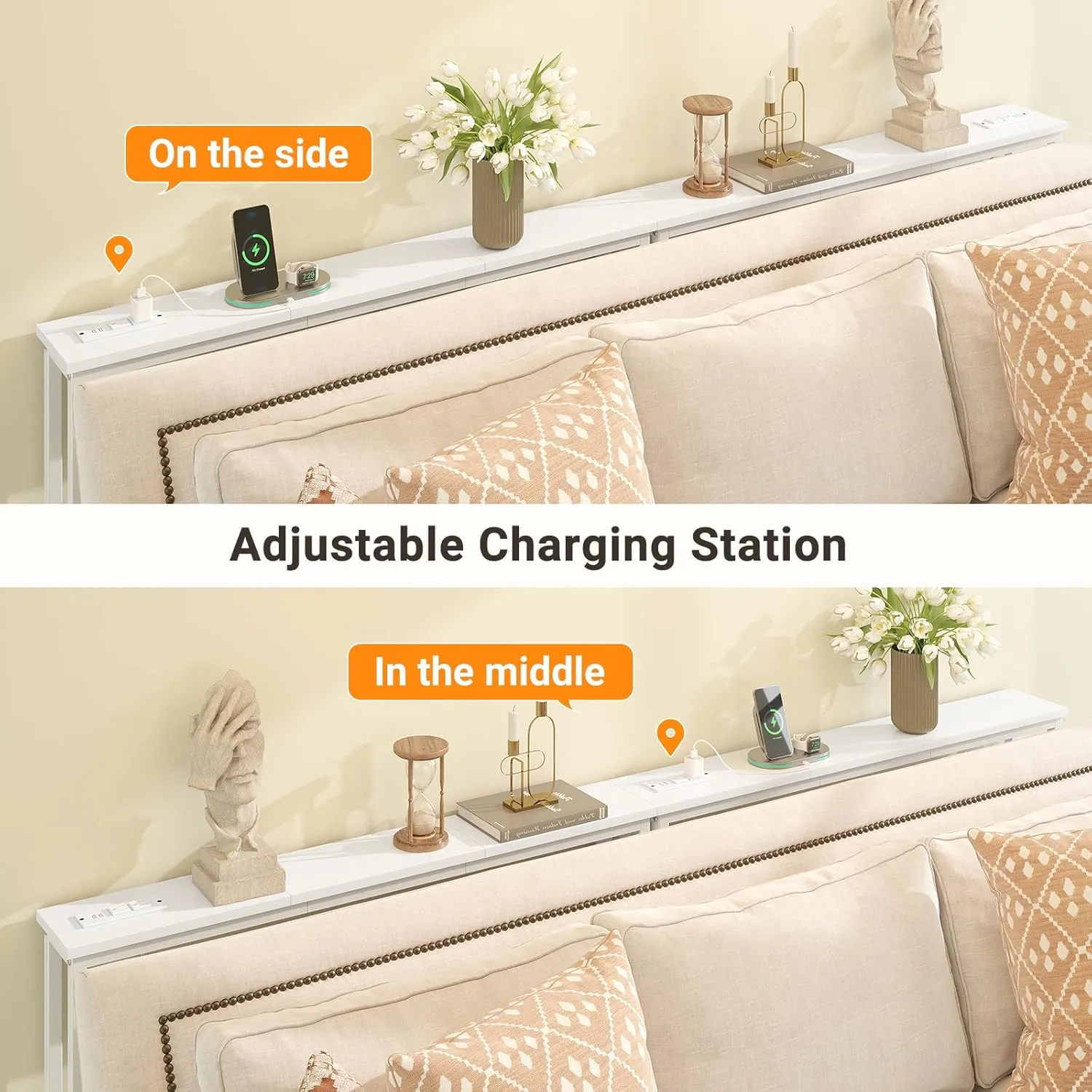 ELYKEN 2 Pack 5.9" Narrow Console Sofa Table with Power Outlets, Total 78.8” Long Behind Couch Table with Charge Station and 5.9’ Extension Cord for Living Room, 5.9" D x 78.8”W x 29.5”H, White