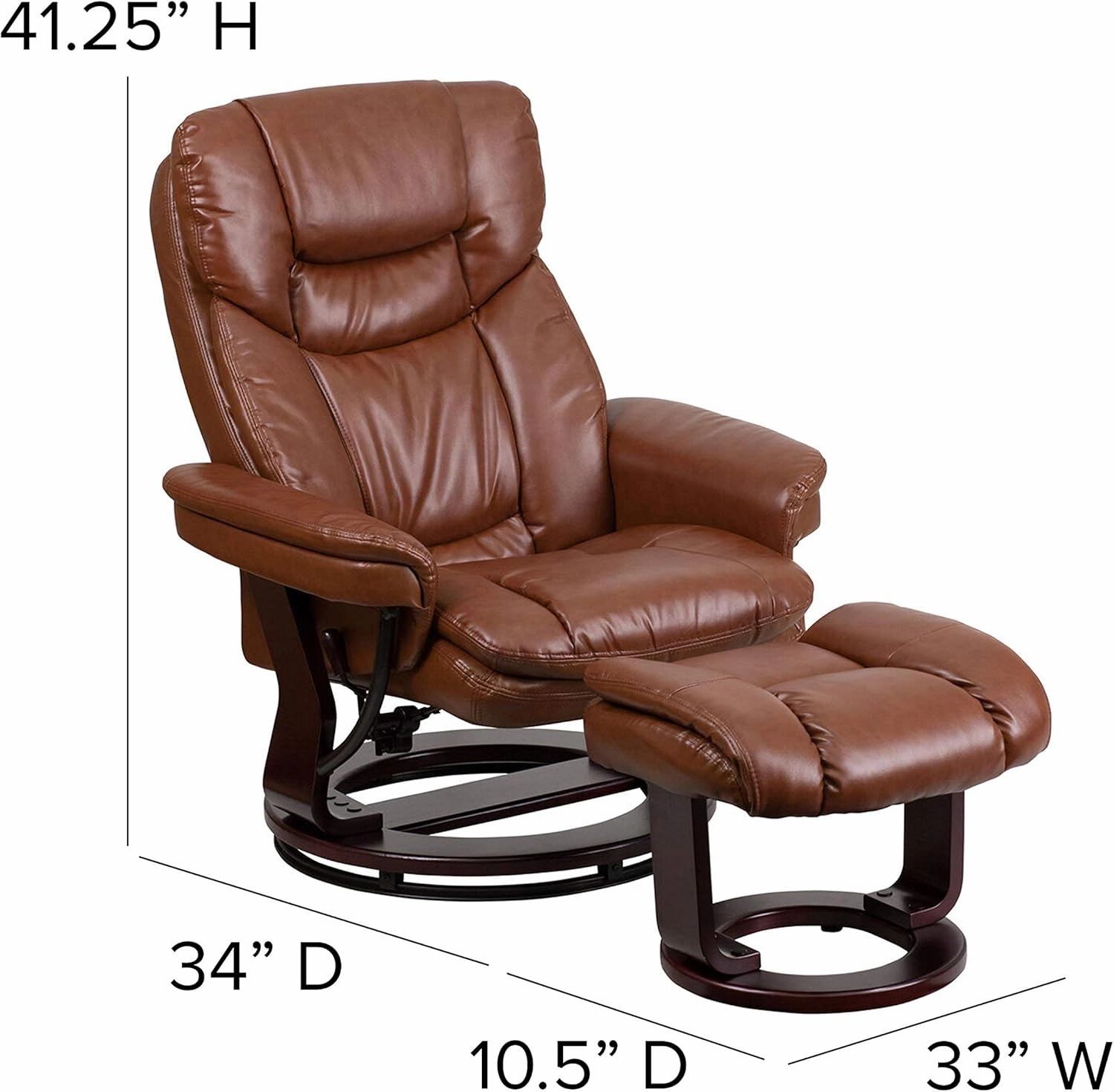 EMMA   OLIVER Multi-Position Recliner/Curved Ottoman - Swivel Wood Base in Vintage LeatherSoft