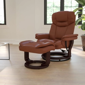 EMMA   OLIVER Multi-Position Recliner/Curved Ottoman - Swivel Wood Base in Vintage LeatherSoft
