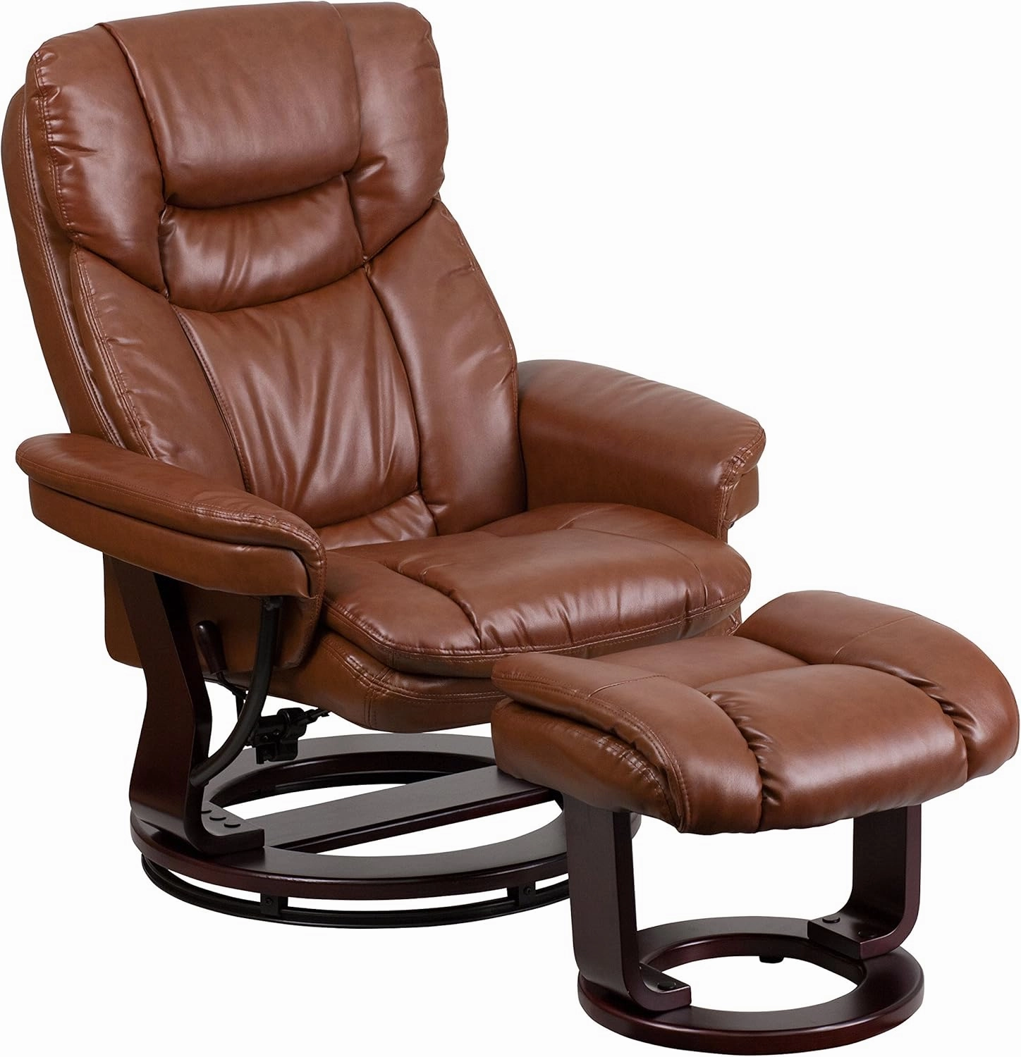 EMMA   OLIVER Multi-Position Recliner/Curved Ottoman - Swivel Wood Base in Vintage LeatherSoft