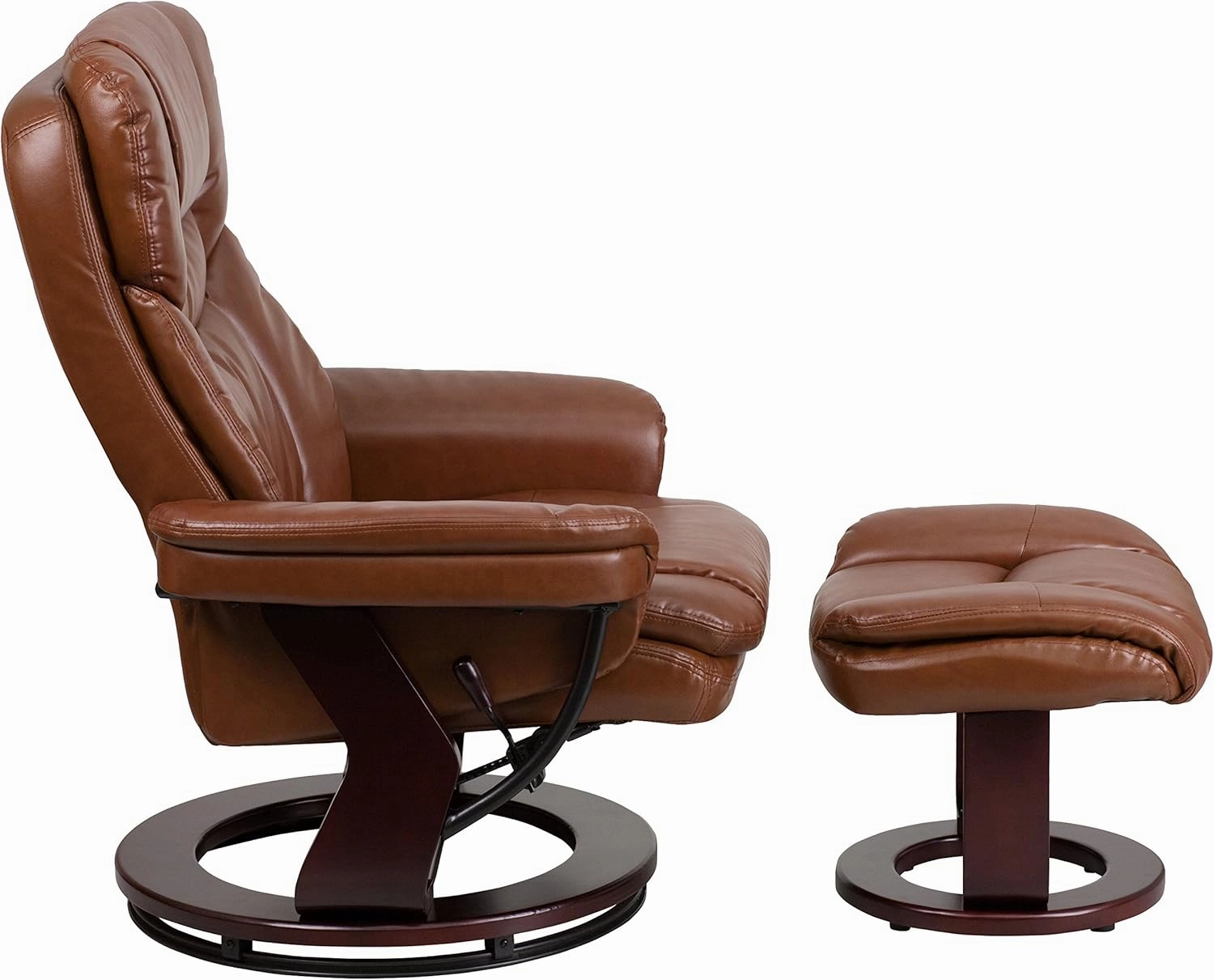 EMMA   OLIVER Multi-Position Recliner/Curved Ottoman - Swivel Wood Base in Vintage LeatherSoft
