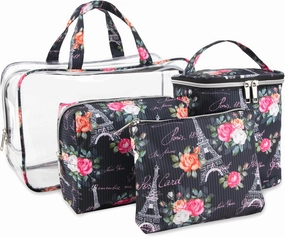 Emma & Chloe Travel Toiletry Bags for Women, 4 Piece Large Waterproof Cosmetic Case Set, Pouch Makeup Organizer Bags for Women, with Handle (Postcards from Paris)