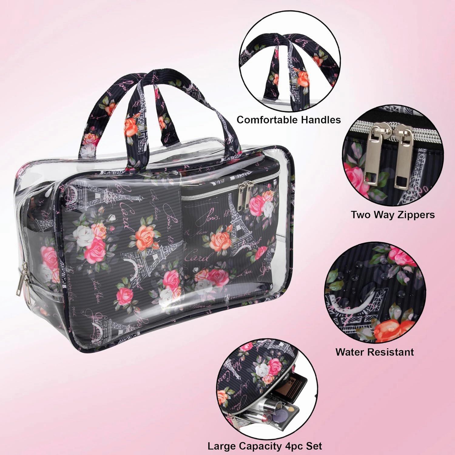 Emma & Chloe Travel Toiletry Bags for Women, 4 Piece Large Waterproof Cosmetic Case Set, Pouch Makeup Organizer Bags for Women, with Handle (Postcards from Paris)