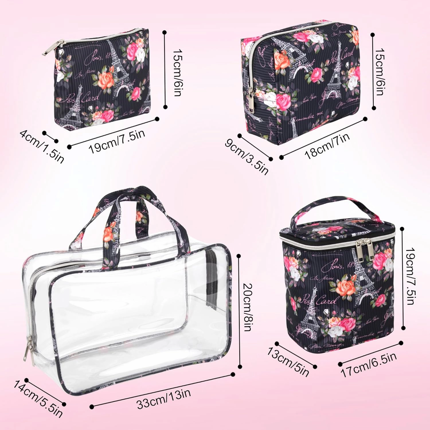 Emma & Chloe Travel Toiletry Bags for Women, 4 Piece Large Waterproof Cosmetic Case Set, Pouch Makeup Organizer Bags for Women, with Handle (Postcards from Paris)