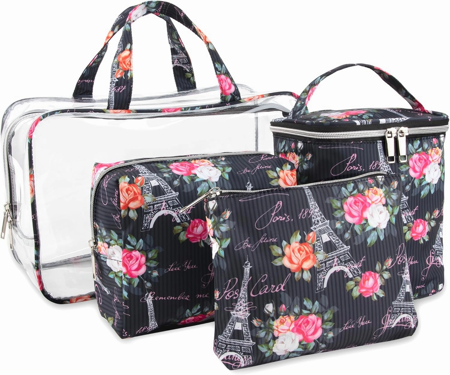 Emma & Chloe Travel Toiletry Bags for Women, 4 Piece Large Waterproof Cosmetic Case Set, Pouch Makeup Organizer Bags for Women, with Handle (Postcards from Paris)