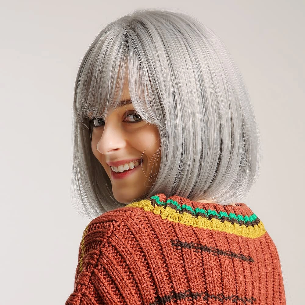 EMMOR 15" Short Bob Wigs for Women Short Silver Grey Wig Heat Resistant Synthetic Wig Natural Looking for Daily Use(Silver Grey)