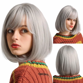 EMMOR 15" Short Bob Wigs for Women Short Silver Grey Wig Heat Resistant Synthetic Wig Natural Looking for Daily Use(Silver Grey)