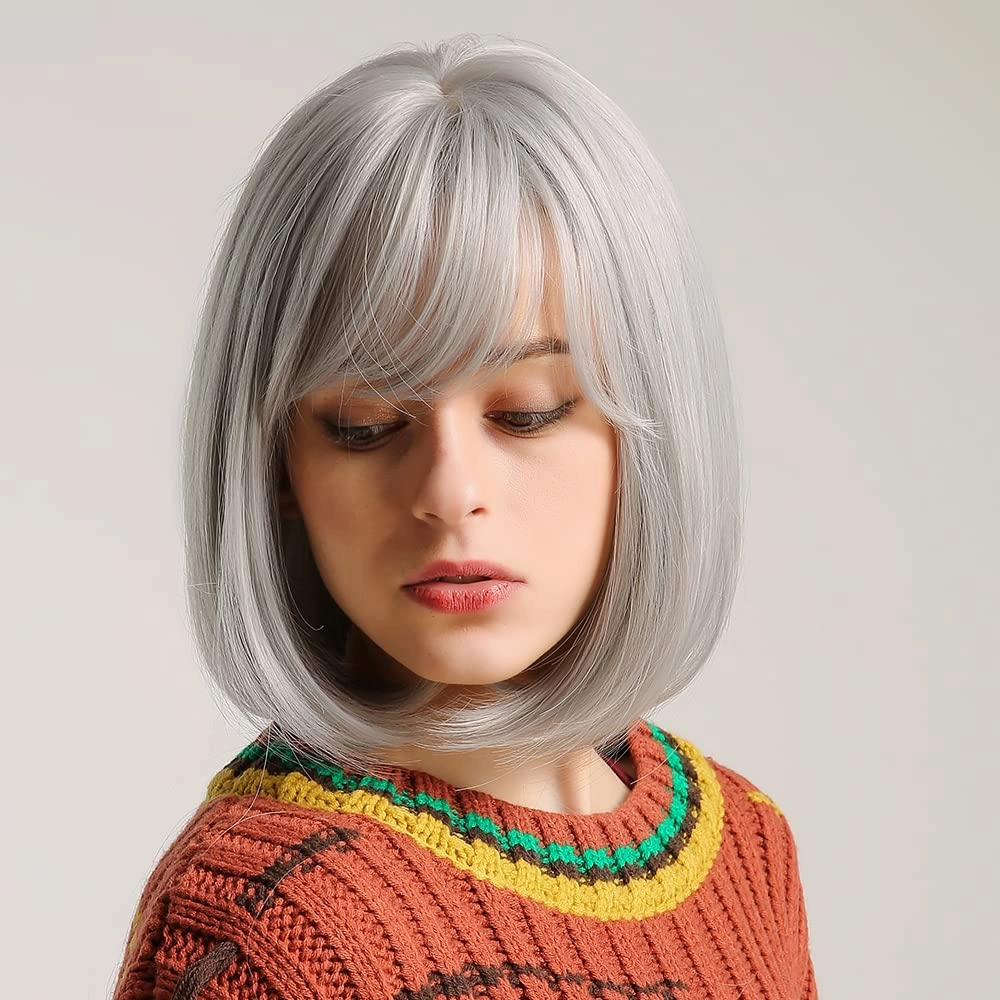 EMMOR 15" Short Bob Wigs for Women Short Silver Grey Wig Heat Resistant Synthetic Wig Natural Looking for Daily Use(Silver Grey)