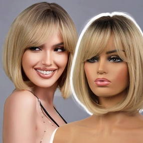 EMMOR Blonde Bob Wig with Bangs 13" Short Bob Wigs for Women Short Blonde Wig with Dark Roots Heat Resistant Synthetic Wig Natural Looking for Daily Use Party and Cosplay(Ombre Blonde)