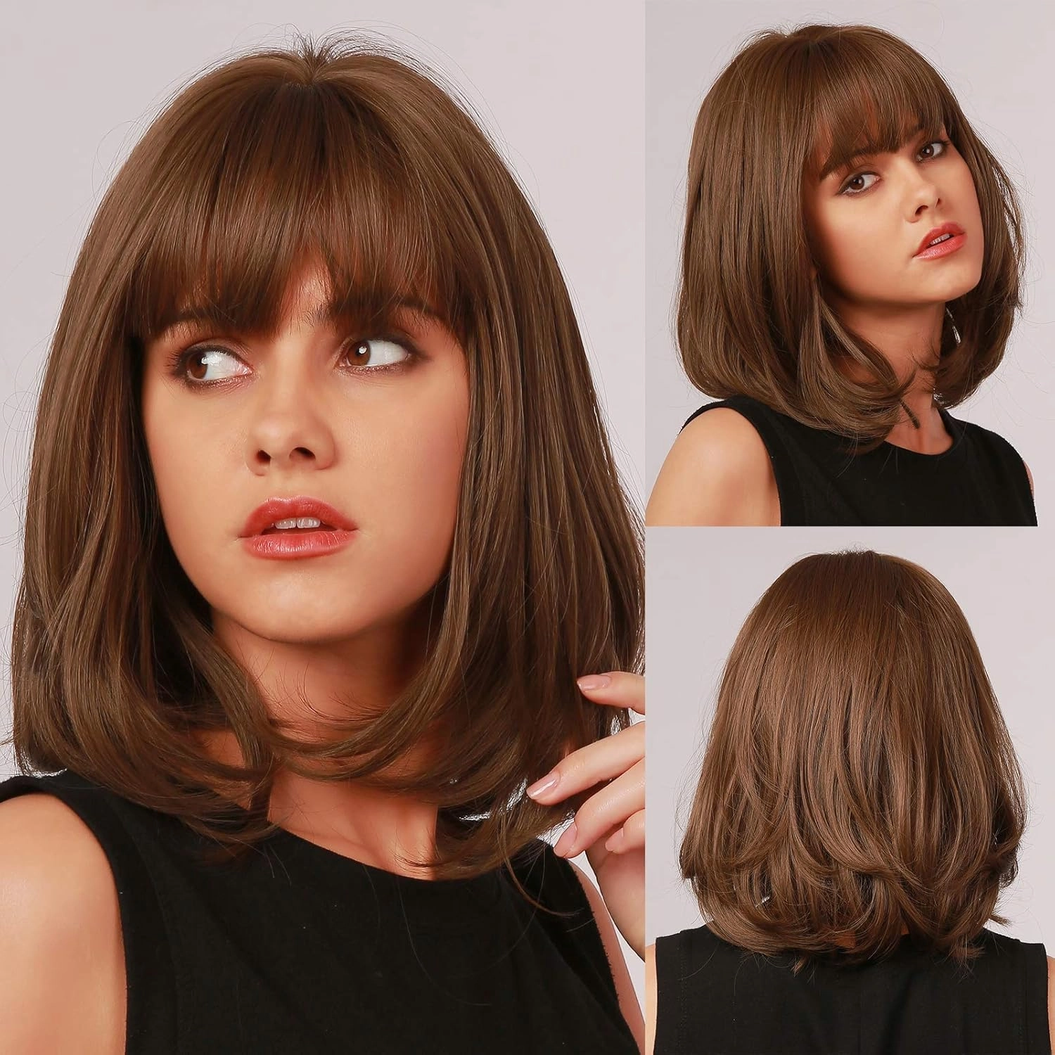EMMOR Brown Bob Wig for Women Natural Hair Synthetic Wigs With Bang High Heat Resistant Wig