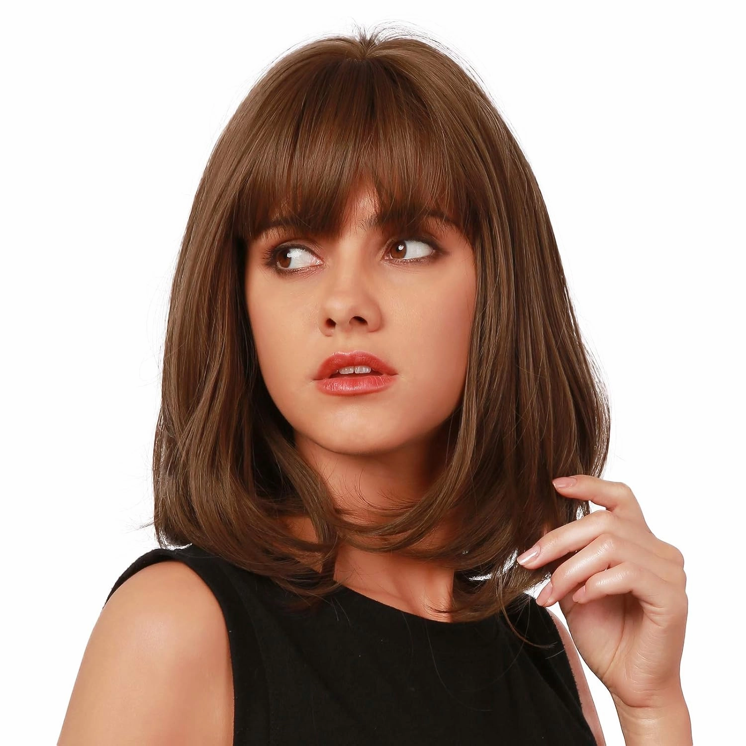 EMMOR Brown Bob Wig for Women Natural Hair Synthetic Wigs With Bang High Heat Resistant Wig