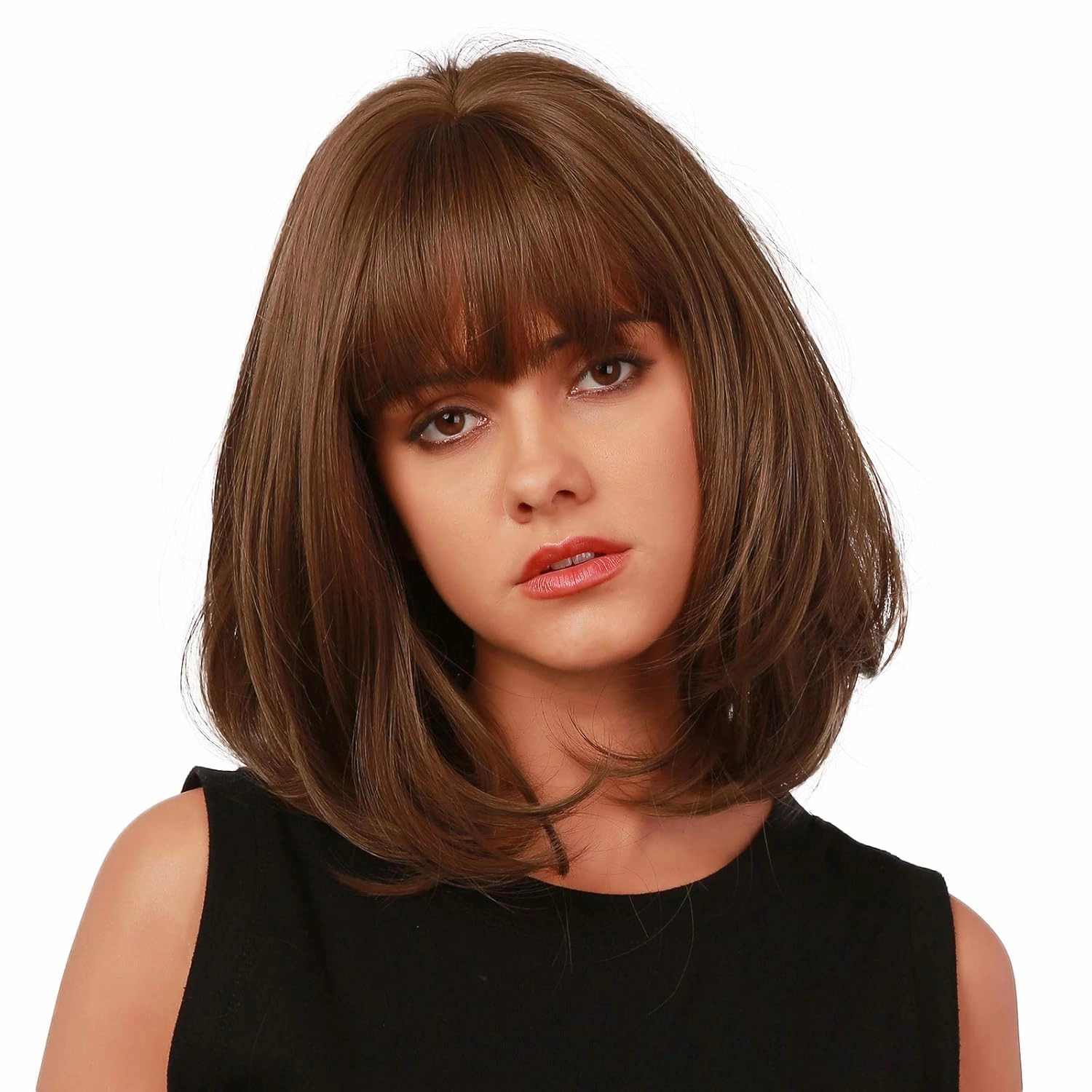 EMMOR Brown Bob Wig for Women Natural Hair Synthetic Wigs With Bang High Heat Resistant Wig