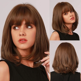 EMMOR Brown Bob Wig for Women Natural Hair Synthetic Wigs With Bang High Heat Resistant Wig