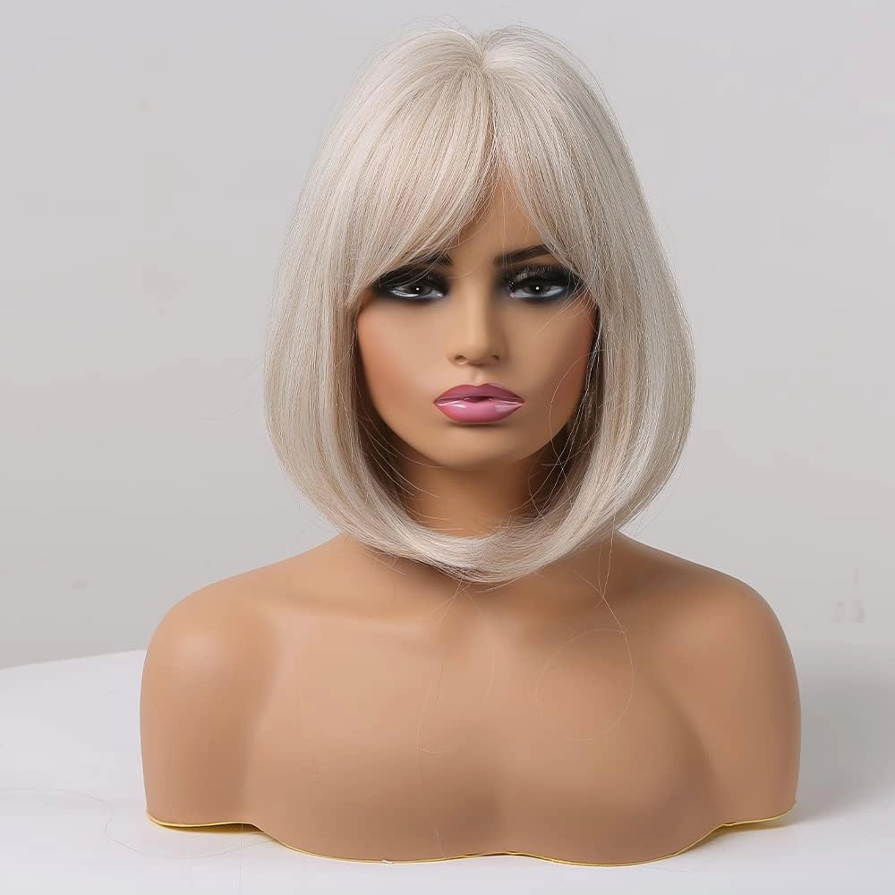 EMMOR White Wig with Bangs Short Blonde Bob wigs for Women Heat Resistant Synthetic Fiber Wigs Creamy Champaign White Natural Looking