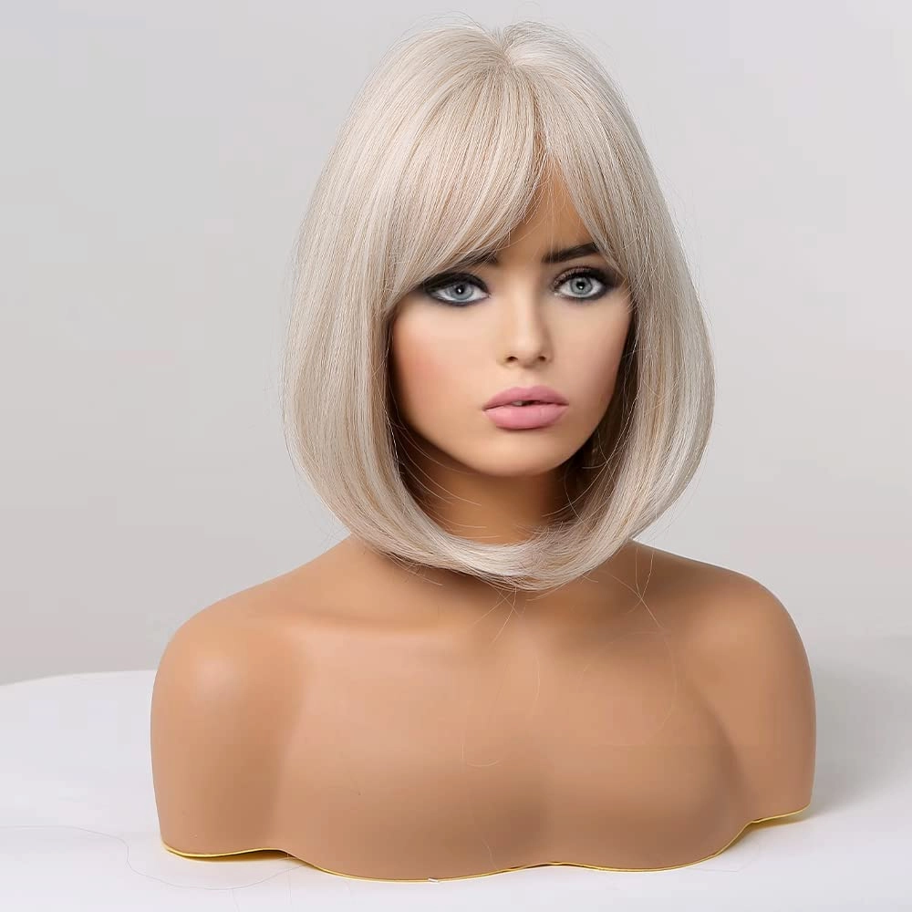 EMMOR White Wig with Bangs Short Blonde Bob wigs for Women Heat Resistant Synthetic Fiber Wigs Creamy Champaign White Natural Looking
