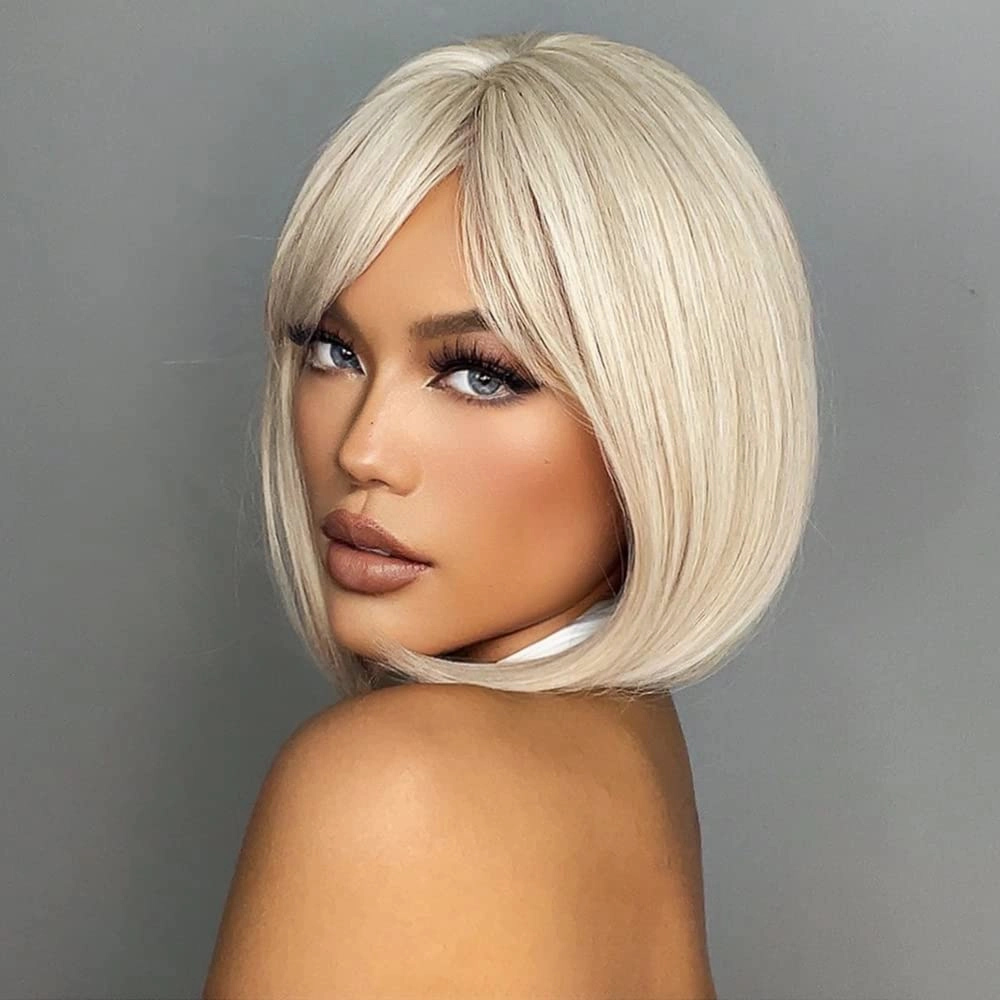 EMMOR White Wig with Bangs Short Blonde Bob wigs for Women Heat Resistant Synthetic Fiber Wigs Creamy Champaign White Natural Looking