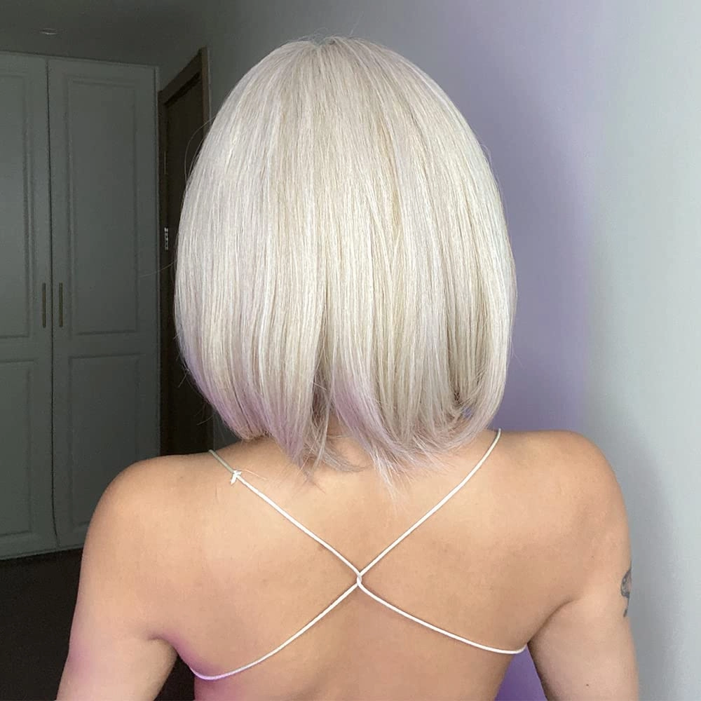 EMMOR White Wig with Bangs Short Blonde Bob wigs for Women Heat Resistant Synthetic Fiber Wigs Creamy Champaign White Natural Looking