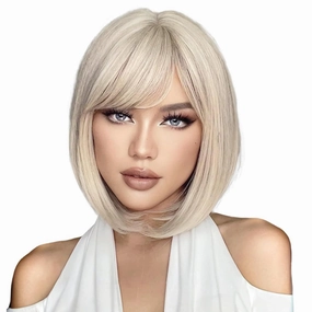 EMMOR White Wig with Bangs Short Blonde Bob wigs for Women Heat Resistant Synthetic Fiber Wigs Creamy Champaign White Natural Looking