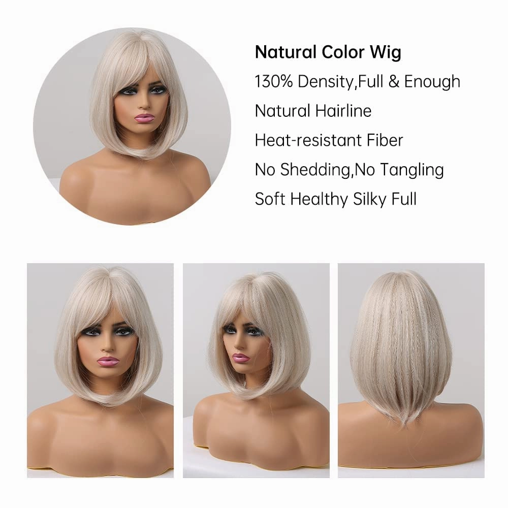 EMMOR White Wig with Bangs Short Blonde Bob wigs for Women Heat Resistant Synthetic Fiber Wigs Creamy Champaign White Natural Looking