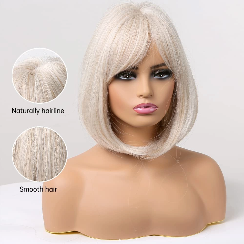 EMMOR White Wig with Bangs Short Blonde Bob wigs for Women Heat Resistant Synthetic Fiber Wigs Creamy Champaign White Natural Looking