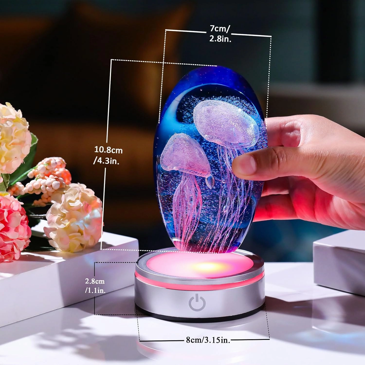 Enjinkail Hand Blown Glass Jellyfish Lamp - Ocean Themed Crystal Ball Desk Decor with LED Light, Aquarium & Beach Room Decoration, Collectible Figurine Paperweight Gift for Women (Purple)