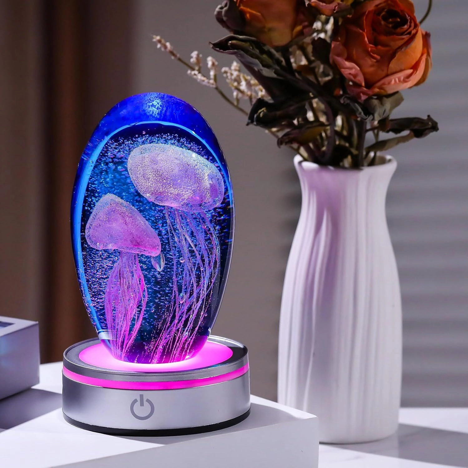 Enjinkail Hand Blown Glass Jellyfish Lamp - Ocean Themed Crystal Ball Desk Decor with LED Light, Aquarium & Beach Room Decoration, Collectible Figurine Paperweight Gift for Women (Purple)