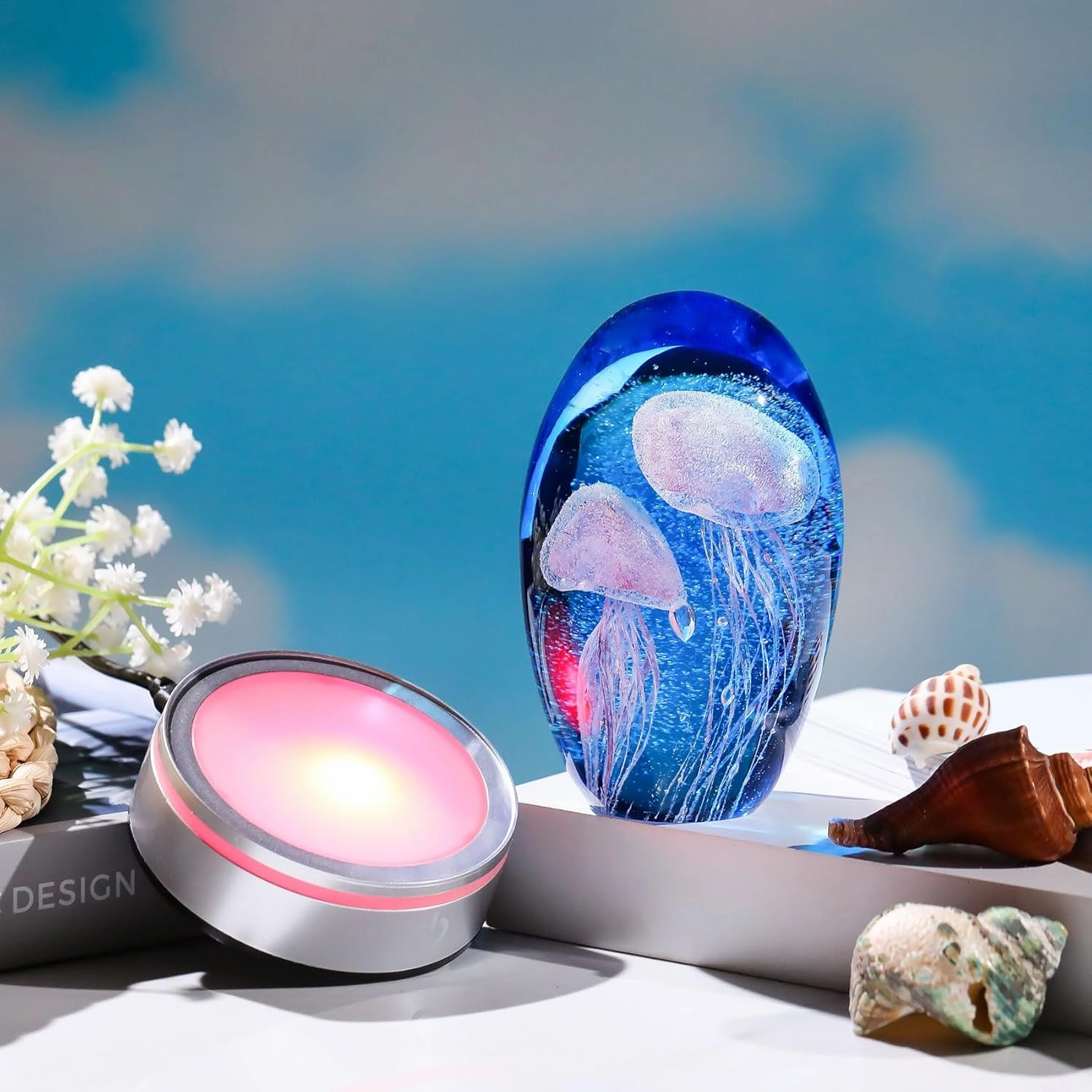 Enjinkail Hand Blown Glass Jellyfish Lamp - Ocean Themed Crystal Ball Desk Decor with LED Light, Aquarium & Beach Room Decoration, Collectible Figurine Paperweight Gift for Women (Purple)