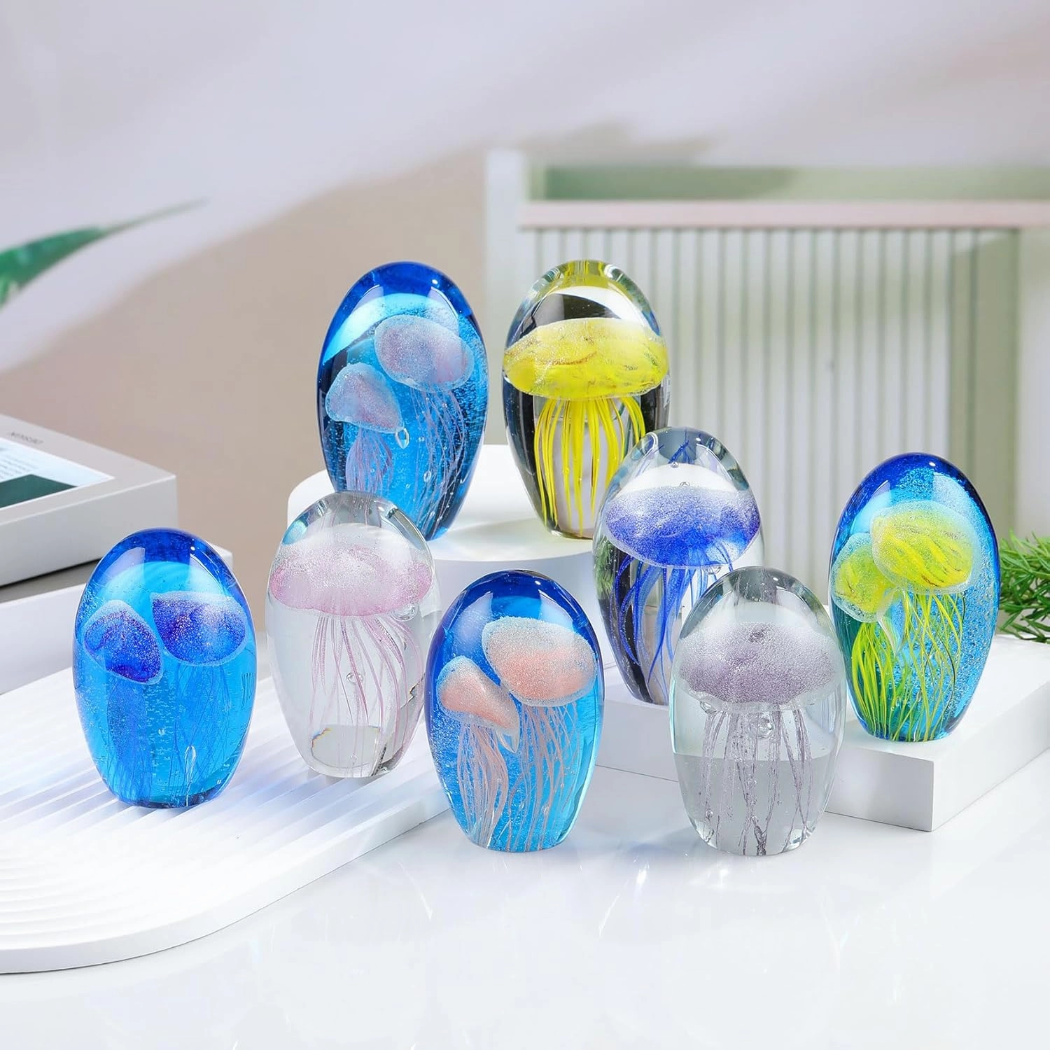 Enjinkail Hand Blown Glass Jellyfish Lamp - Ocean Themed Crystal Ball Desk Decor with LED Light, Aquarium & Beach Room Decoration, Collectible Figurine Paperweight Gift for Women (Purple)