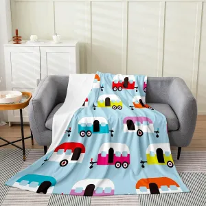 Erosebridal Camper Throw Blanket Throw Size, Happy Camping Fleece Blanket Room Decor, Cartoon Travelling Camping Blanket for Sofa Couch, Colorful Camping Fuzzy Blanket for Camp Lovers Campsite Hiking