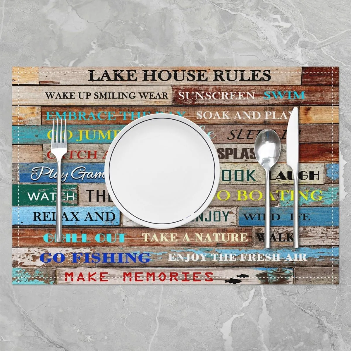 Erosebridal Lake House Rules Placemats for Kids Boys Girls,Lake Themed Place Mats 12x18 Set of 4,Farm Style Camping Table Mats,Colorful Wooden Cabin Lodge Meal Mats for Kitchen Table