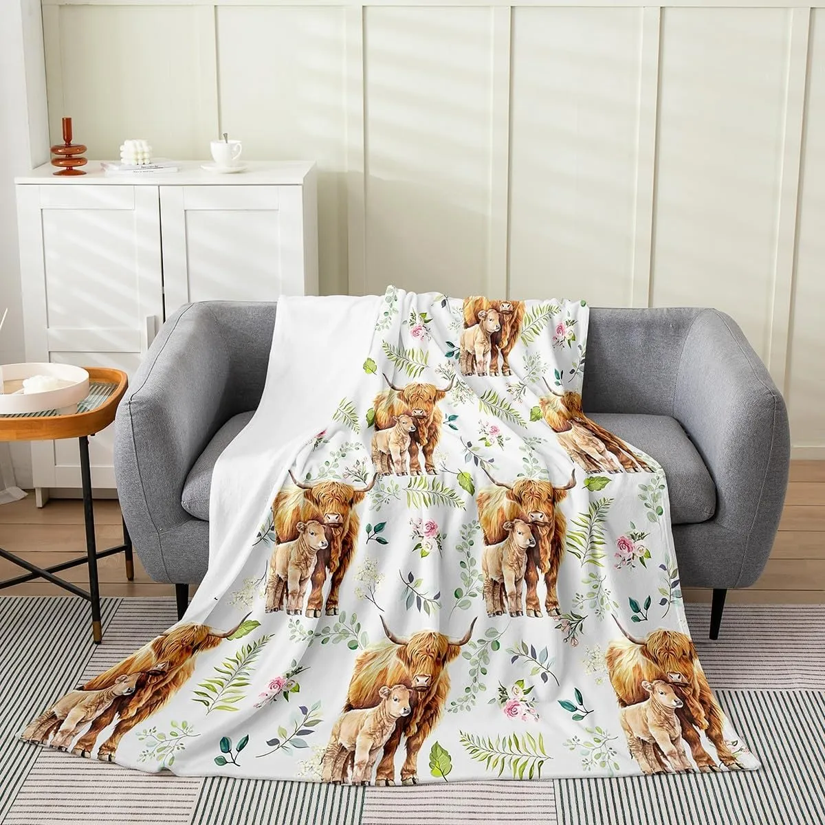 Erosebridal Rustic Cow Bed Blanket 40x50,Retro Cowhide Blanket for Kids Boys Girls,Highland Cow Mother Kid Flannel Blanket,Farmhouse Rose Flower Leaf Fuzzy Blanket Sofa Bed Couch Decor