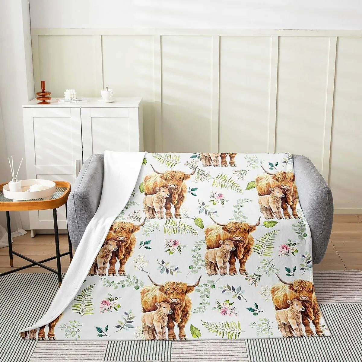 Erosebridal Rustic Cow Bed Blanket 40x50,Retro Cowhide Blanket for Kids Boys Girls,Highland Cow Mother Kid Flannel Blanket,Farmhouse Rose Flower Leaf Fuzzy Blanket Sofa Bed Couch Decor