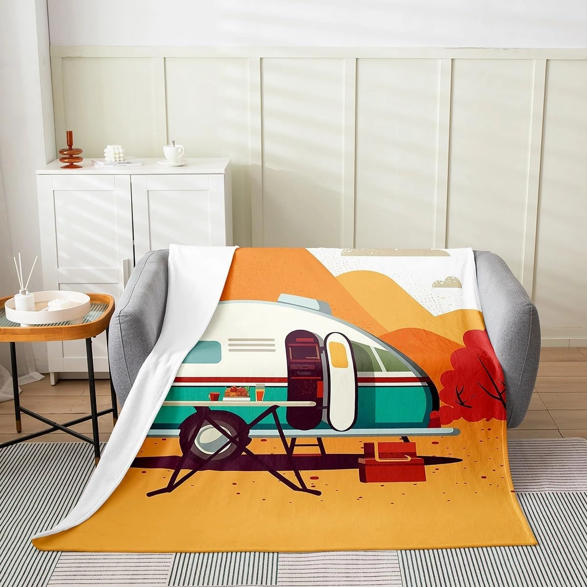 Erosebridal Happy Camping Fleece Blanket 40x50 Inch - Ultra-Soft for Couch Sofa Bed,Travel RV Flannel Blanket,Camping Lover Fuzzy Plush Throw for Kids Room,Travel Trailer Camper Room Decor