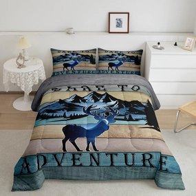 Erosebridal Hunting Deer Bedding Sets Queen Antler Moose Comforter Set, Vintage Farmhouse Down Comforter Geometric Stripes Bed Set, Old Barn Door Quilted Duvet Navy Blue Lightweight Soft Cozy 3 Pieces