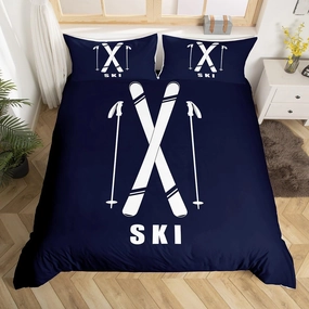 Erosebridal King Size Comforter Cover for Boys Ski Bedroom Decor, Winter Fashion Skiing Sports Duvet Cover Ski Snowboard Outdoor Activities Bedspread Cover 3 Pieces, Navy Blue (Zipper Closure)
