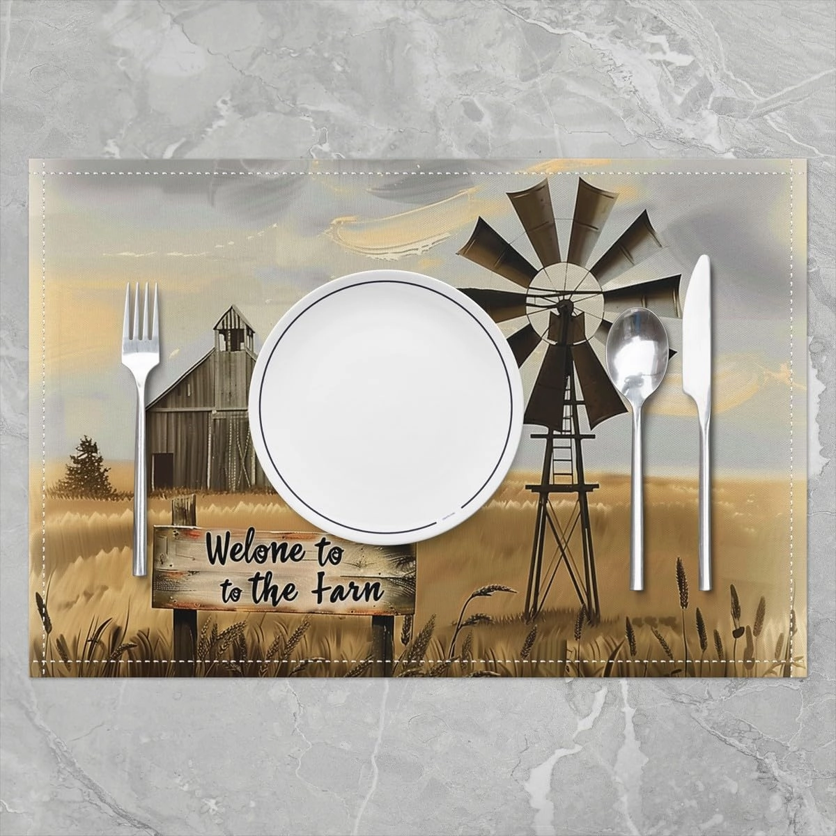 Erosebridal Set of 4 Farm Windmill 12x18 Inch Placemats, Wheat Place Mats, Farmhouse Landscape Theme Table Mats, Vintage Nature Rural Plowed Field Style Waterproof Placemats, Brown Orange