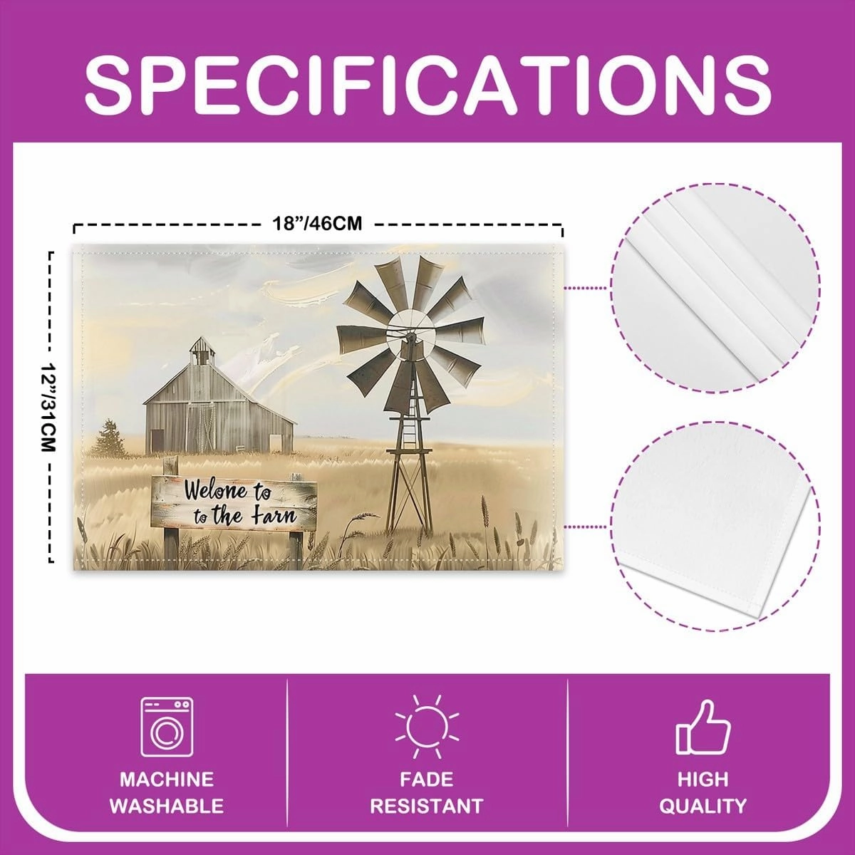 Erosebridal Set of 4 Farm Windmill 12x18 Inch Placemats, Wheat Place Mats, Farmhouse Landscape Theme Table Mats, Vintage Nature Rural Plowed Field Style Waterproof Placemats, Brown Orange