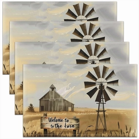 Erosebridal Set of 4 Farm Windmill 12x18 Inch Placemats, Wheat Place Mats, Farmhouse Landscape Theme Table Mats, Vintage Nature Rural Plowed Field Style Waterproof Placemats, Brown Orange