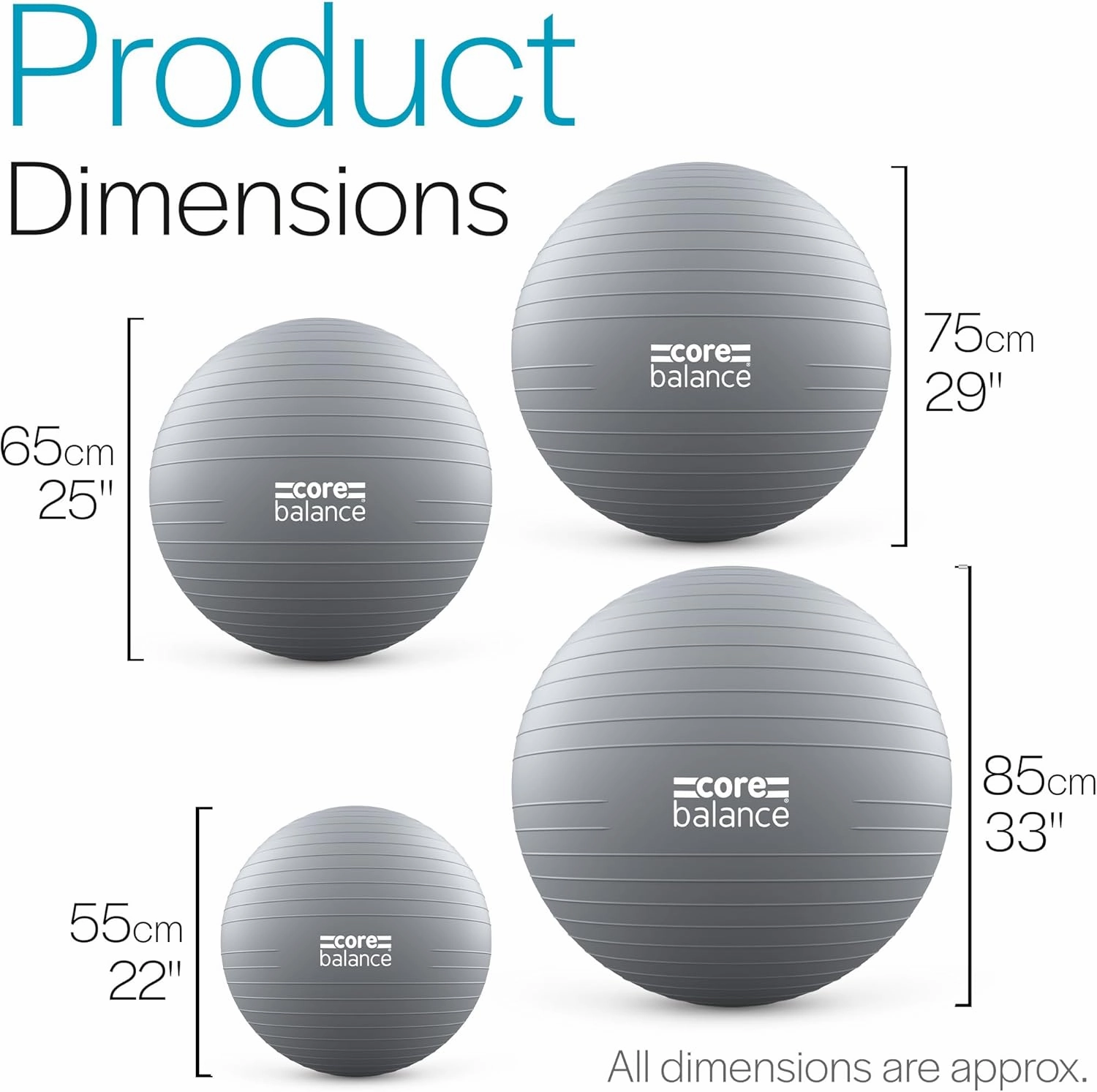 Exercise Ball for Workouts, Anti-Burst and Slip Resistant, Swiss Yoga Ball for Pregnancy, Stability, Fitness and Physical Therapy, 4 Sizes, with Pump