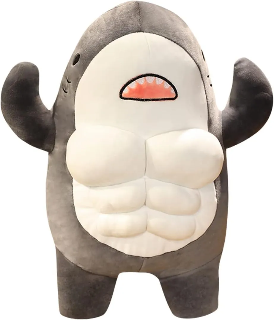 EXIGENT Kawaii Muscle Abs Teddy Bear Shark Buff Plush Cuddly Stuffed Animal Toy Figure (Shark_Gray)