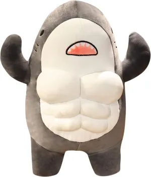 EXIGENT Kawaii Muscle Abs Teddy Bear Shark Buff Plush Cuddly Stuffed Animal Toy Figure (Shark_Gray)