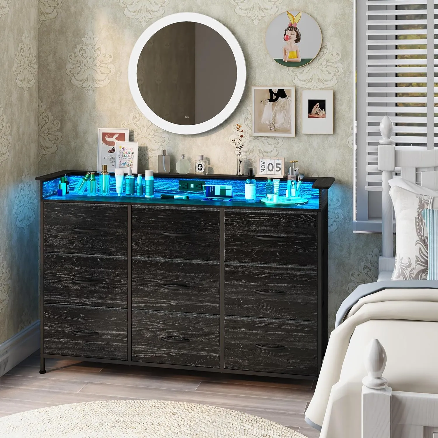EXOTICA Black Dresser with Charging Station 9 Drawers Dresser with LED Light and USB Ports Fabric Dressers for Bedroom Hallway Entryway Closets Sturdy Steel Frame Wood Top