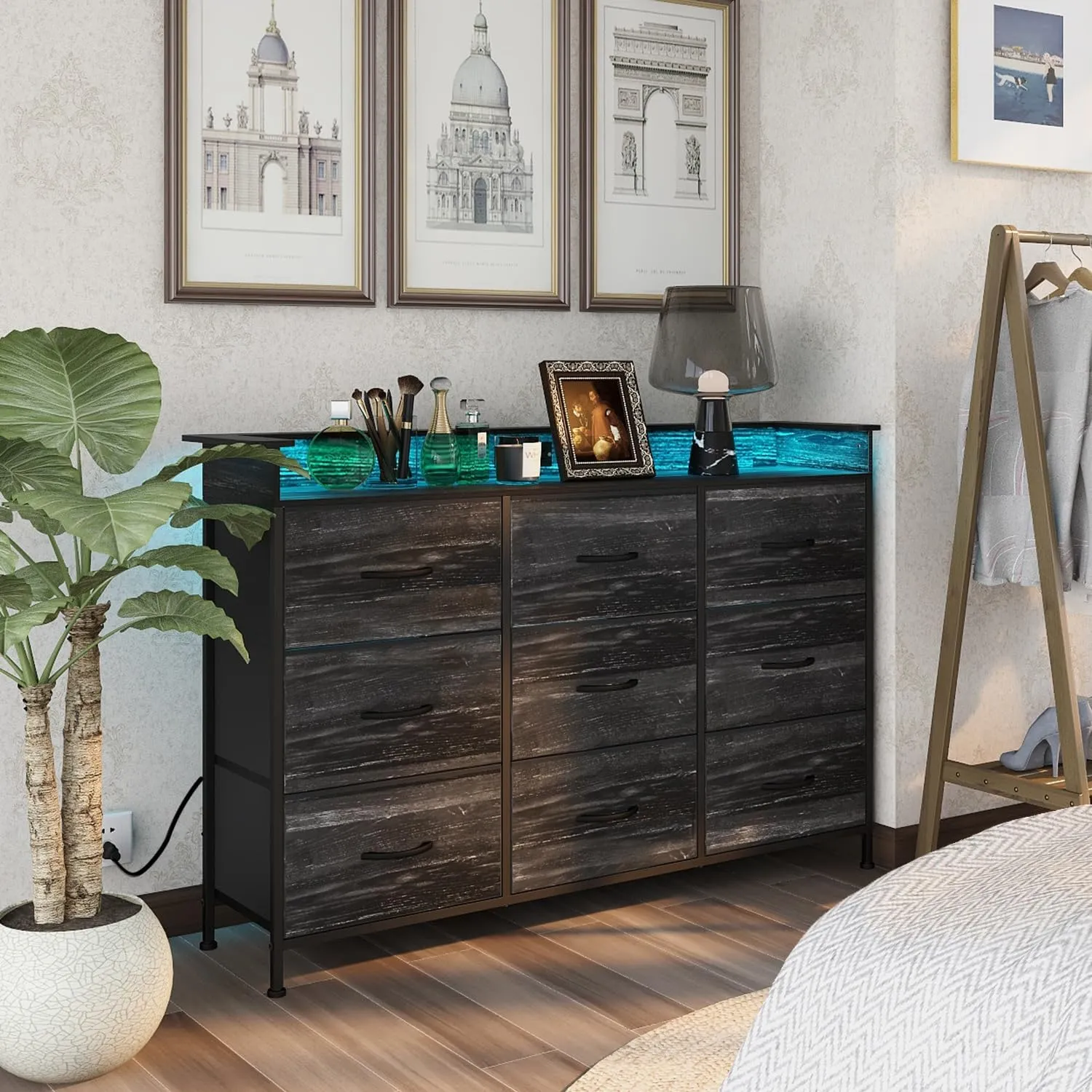 EXOTICA Black Dresser with Charging Station 9 Drawers Dresser with LED Light and USB Ports Fabric Dressers for Bedroom Hallway Entryway Closets Sturdy Steel Frame Wood Top