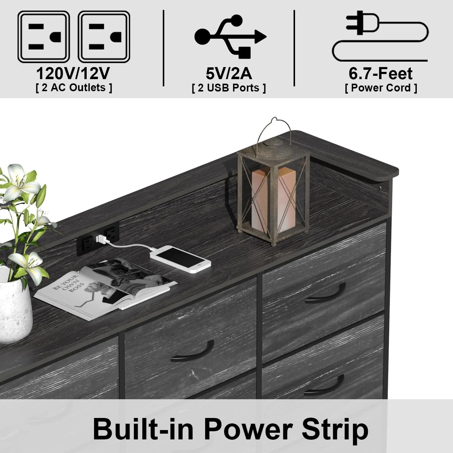 EXOTICA Black Dresser with Charging Station 9 Drawers Dresser with LED Light and USB Ports Fabric Dressers for Bedroom Hallway Entryway Closets Sturdy Steel Frame Wood Top