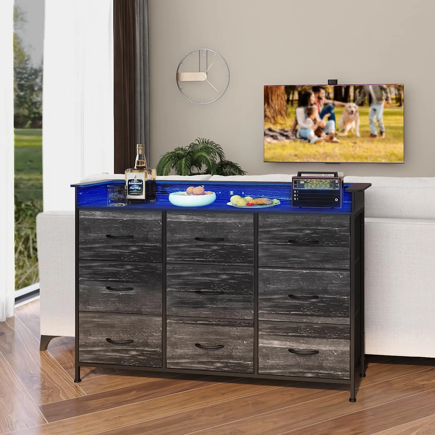 EXOTICA Black Dresser with Charging Station 9 Drawers Dresser with LED Light and USB Ports Fabric Dressers for Bedroom Hallway Entryway Closets Sturdy Steel Frame Wood Top