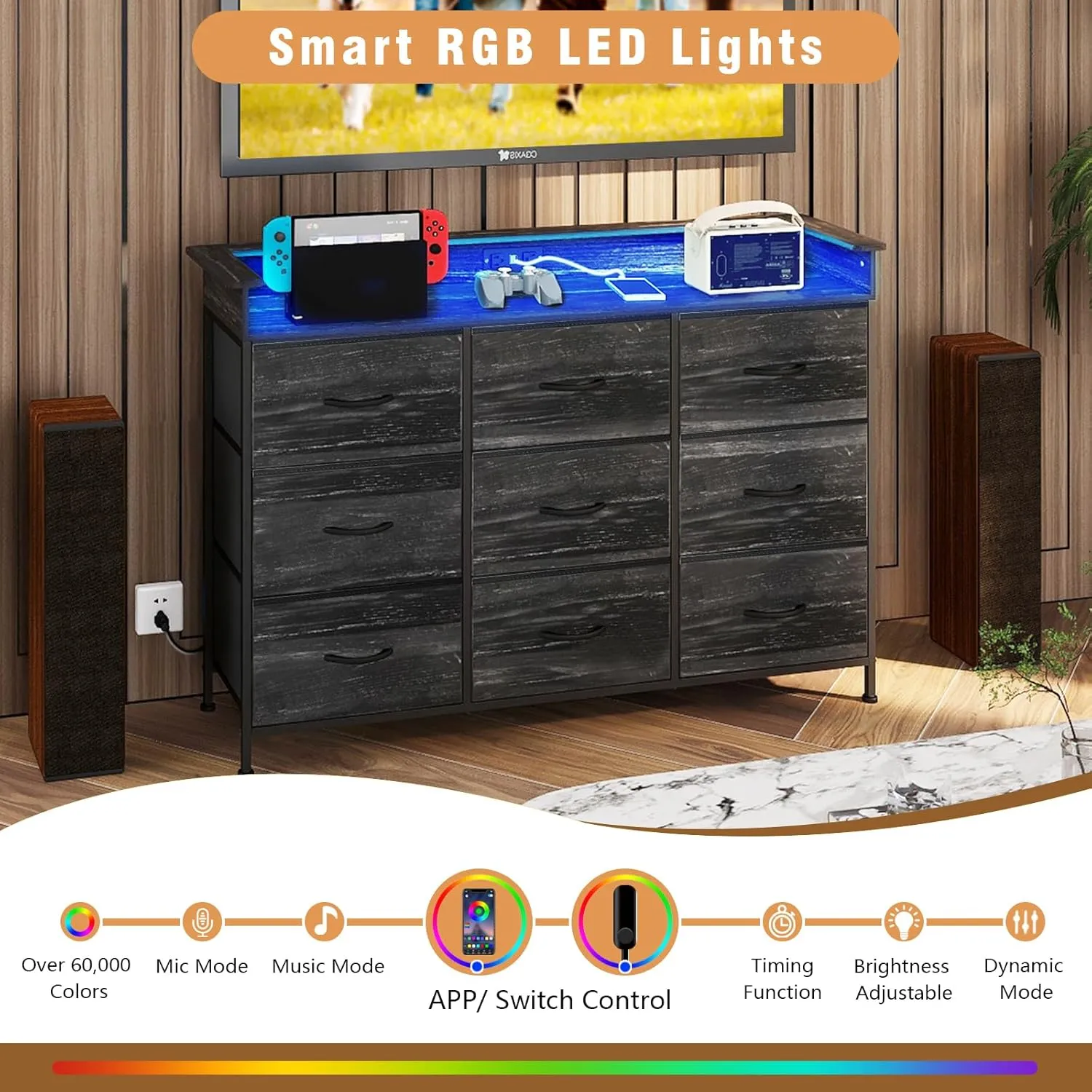 EXOTICA Black Dresser with Charging Station 9 Drawers Dresser with LED Light and USB Ports Fabric Dressers for Bedroom Hallway Entryway Closets Sturdy Steel Frame Wood Top