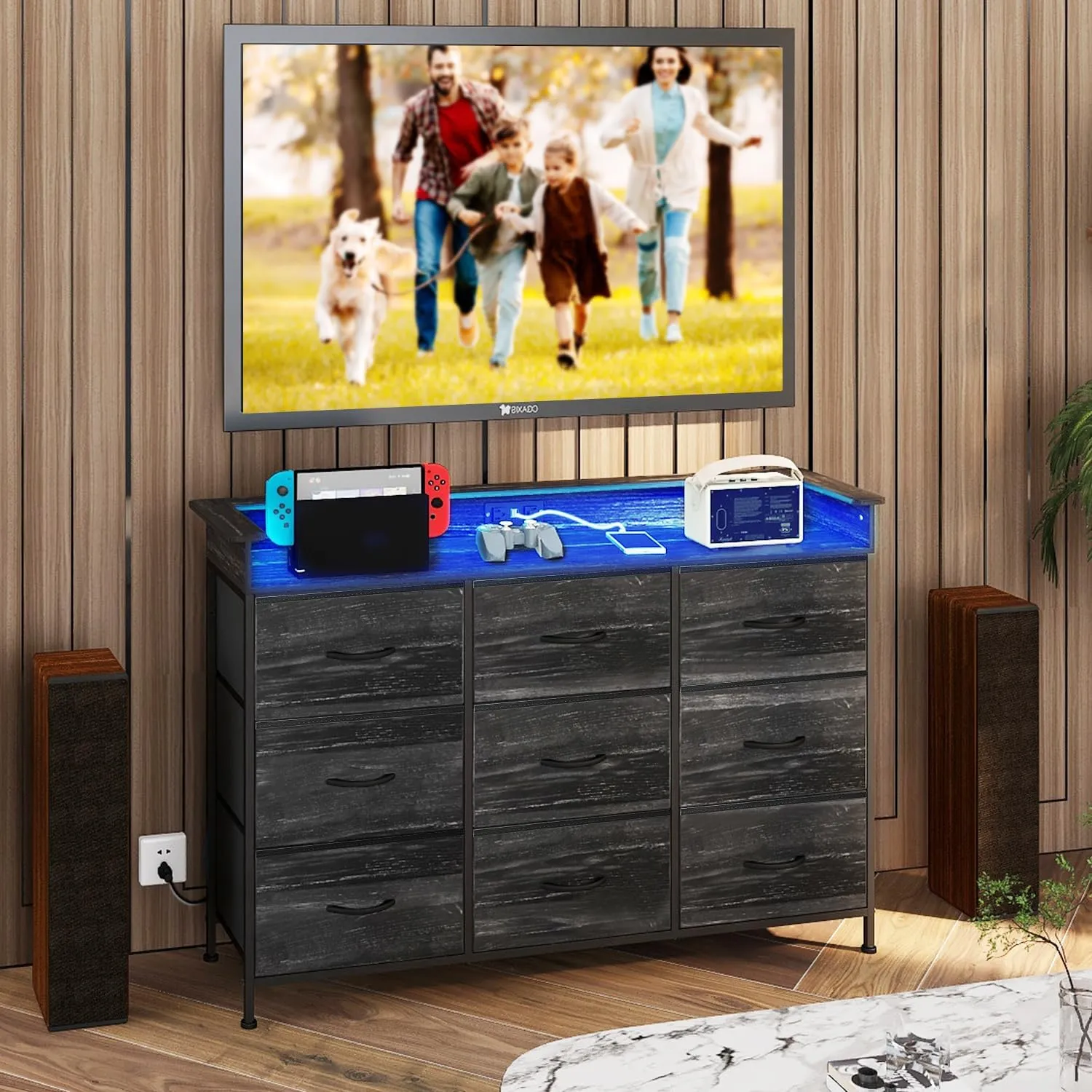EXOTICA Black Dresser with Charging Station 9 Drawers Dresser with LED Light and USB Ports Fabric Dressers for Bedroom Hallway Entryway Closets Sturdy Steel Frame Wood Top