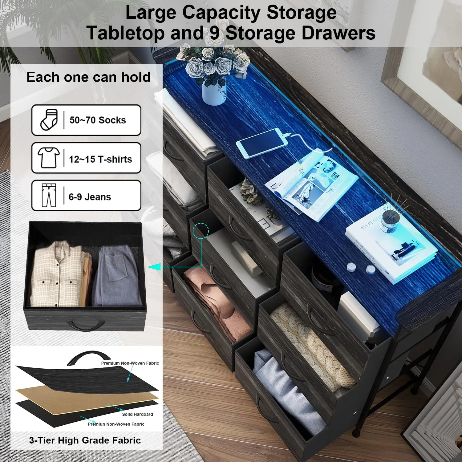 EXOTICA Black Dresser with Charging Station 9 Drawers Dresser with LED Light and USB Ports Fabric Dressers for Bedroom Hallway Entryway Closets Sturdy Steel Frame Wood Top