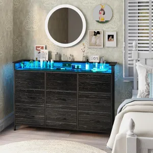 EXOTICA Black Dresser with Charging Station 9 Drawers Dresser with LED Light and USB Ports Fabric Dressers for Bedroom Hallway Entryway Closets Sturdy Steel Frame Wood Top