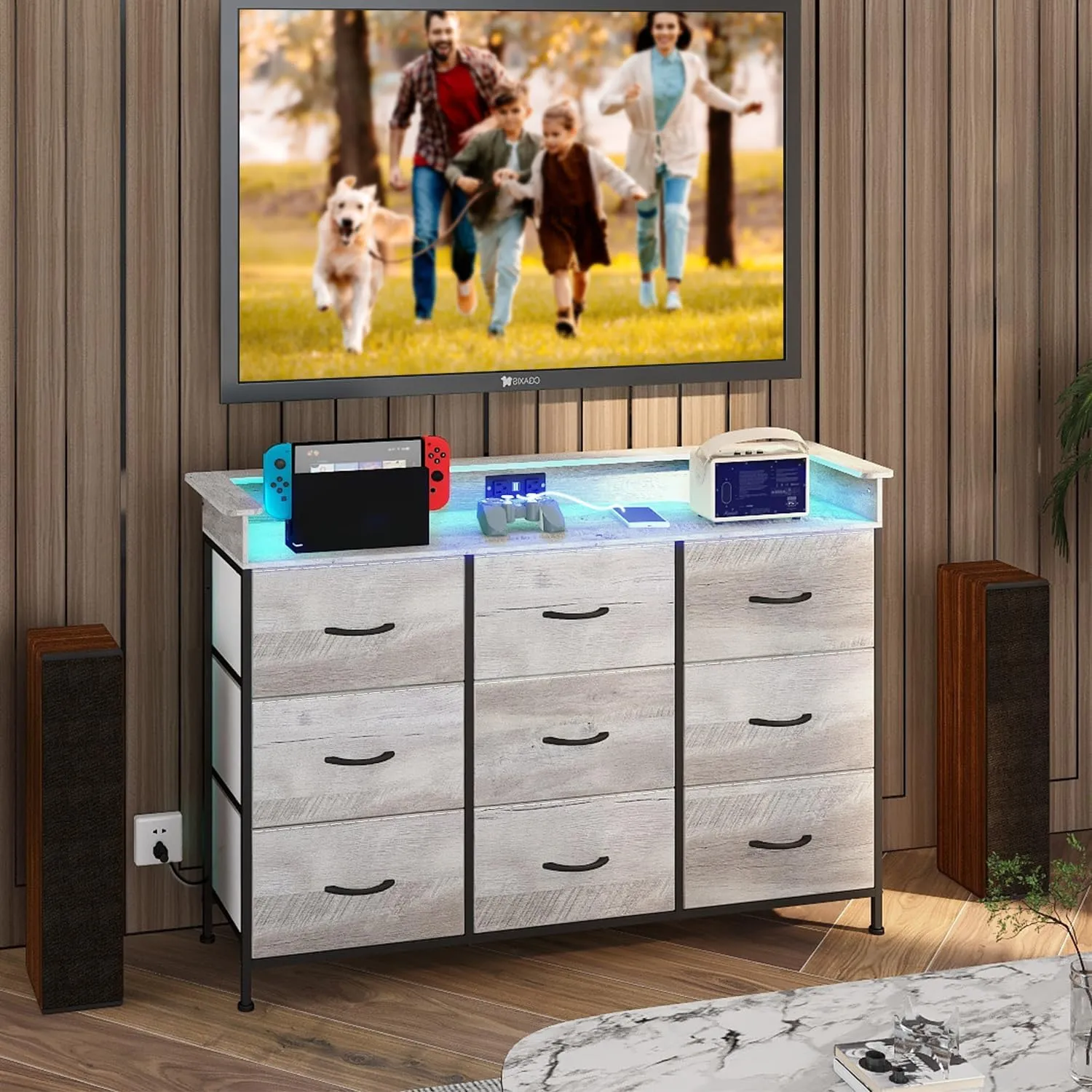 EXOTICA Dresser with Charge Station 9 Drawers Dresser for Bedroom with LED Lights Tall Wide Fabric Dressers & Chests of Drawers for Closet Hallway Entryway Sturdy Steel Frame Wood Top